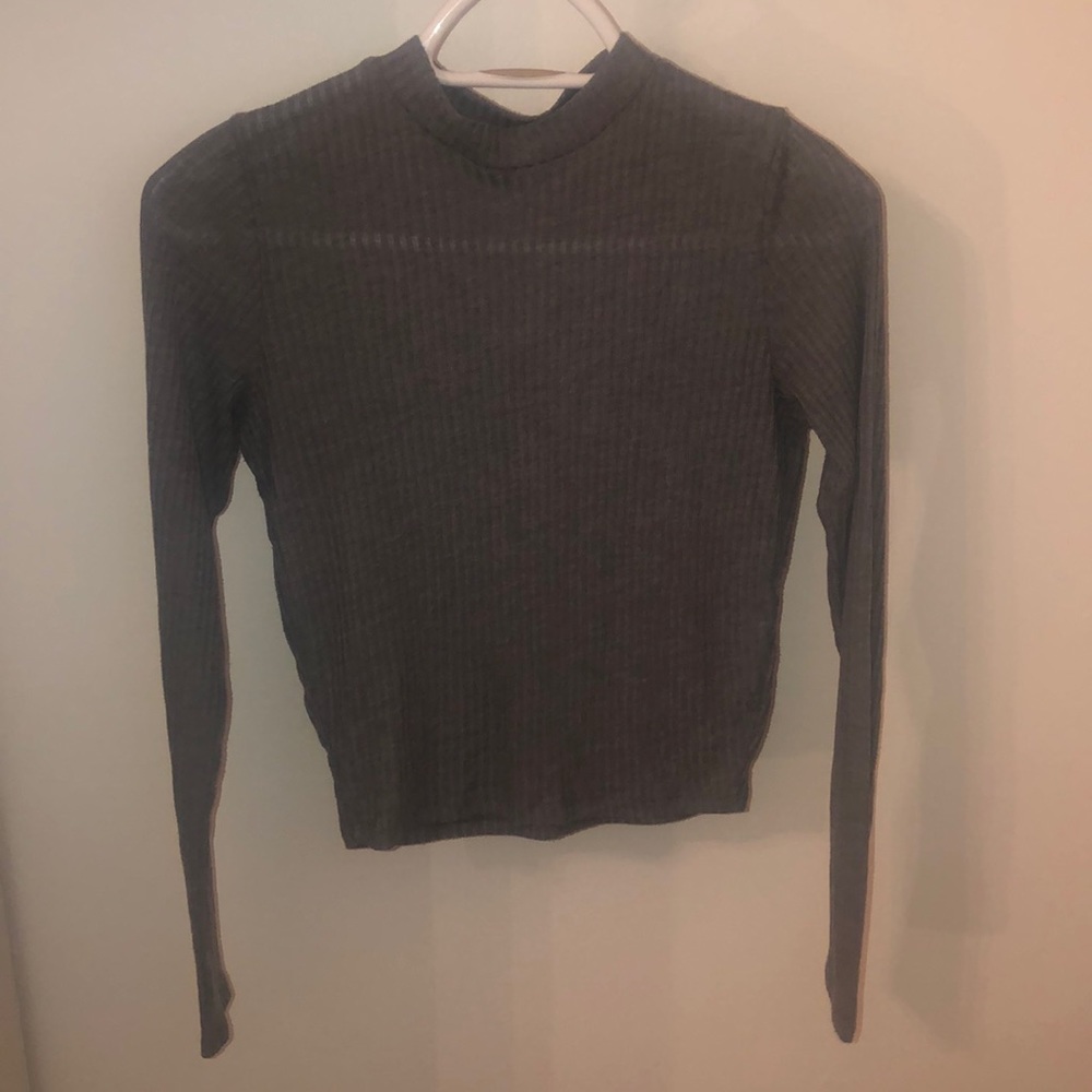 Grey Ribbed Mock Neck Top